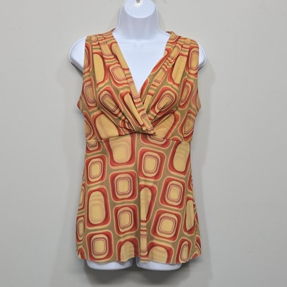 Retro Y2K Geometric Mesh Top Large Orange Brown Surplice 70s Disco Mod Groovy